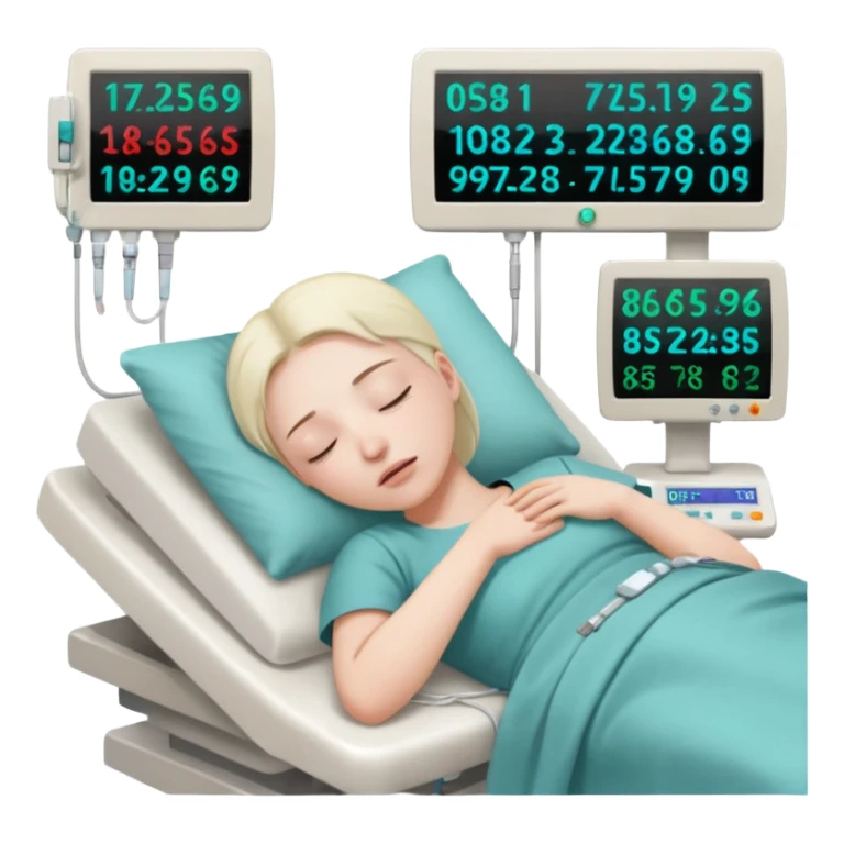 a PATIENT waking up before a surgery sleeping. And monitors with vitals and numbers sticker