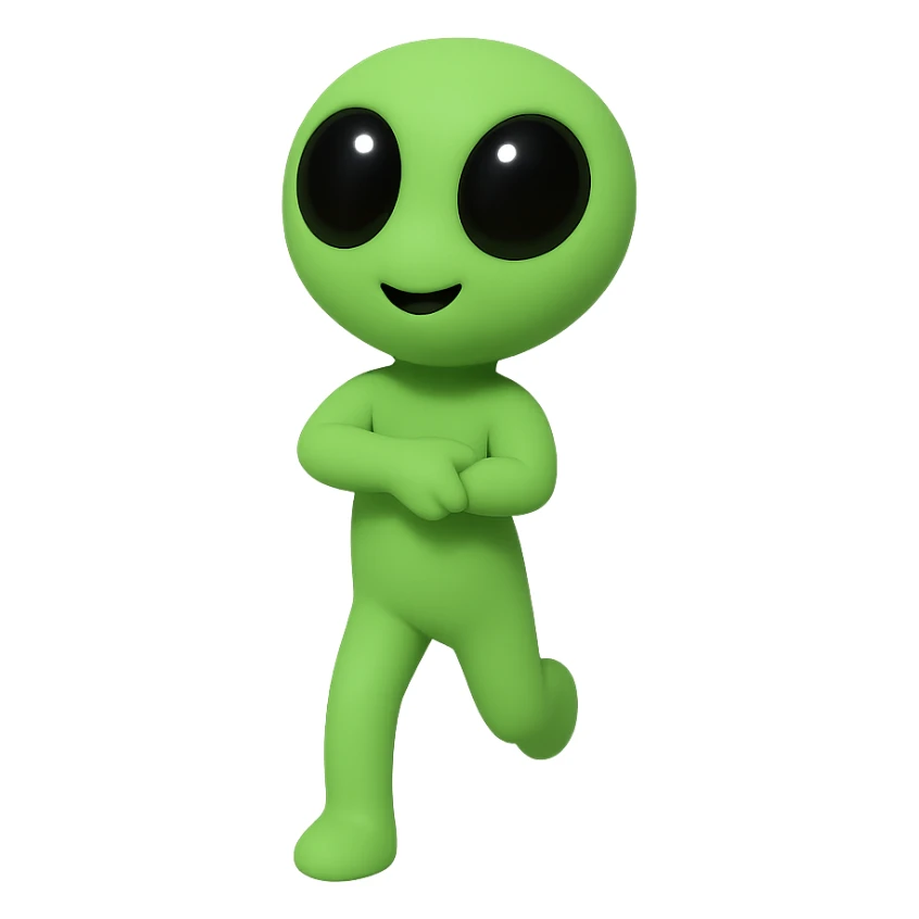An alien dancing in neon green, almost identical to the reference image, with arms crossed and a slightly changed pose for animation frame 9. PNG with transparent background. sticker