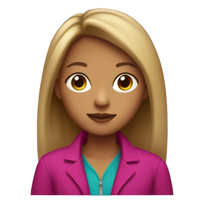 slightly tan girl with brown eyes, long hair, curtain bangs, and a magenta jacket sticker