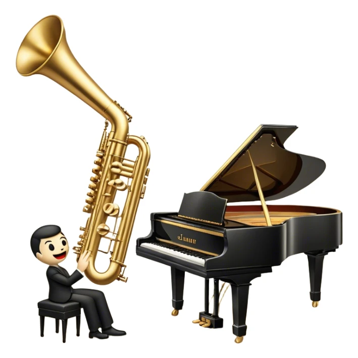 Create an elegant and vintage-inspired emoji representing jazz vocal performance with a classic jazz microphone, a grand piano, and a Selmer Model 19 trumpet resting on top of the piano. The design should feature a sleek, vintage microphone (like those from the 1940s) with a glossy, metallic finish. The piano should be depicted with a shiny black finish, and the trumpet should have a polished, golden look, resting gracefully on the piano keys. Add subtle musical notes or a soft soundwave to suggest the flow of music. Use rich, deep colors like gold, black, and silver to evoke the timeless, classy vibe of jazz. The background should be transparent. sticker