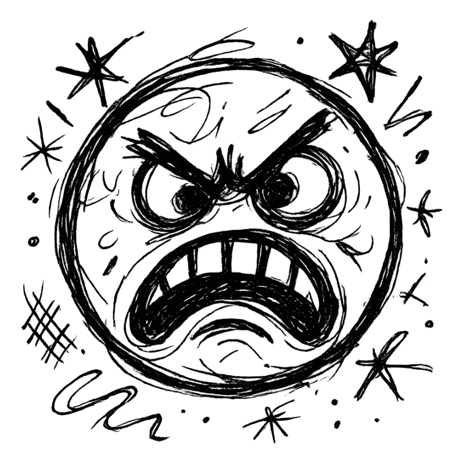 ugly rage emoji with distorted face and chaotic hand-drawn outline sticker