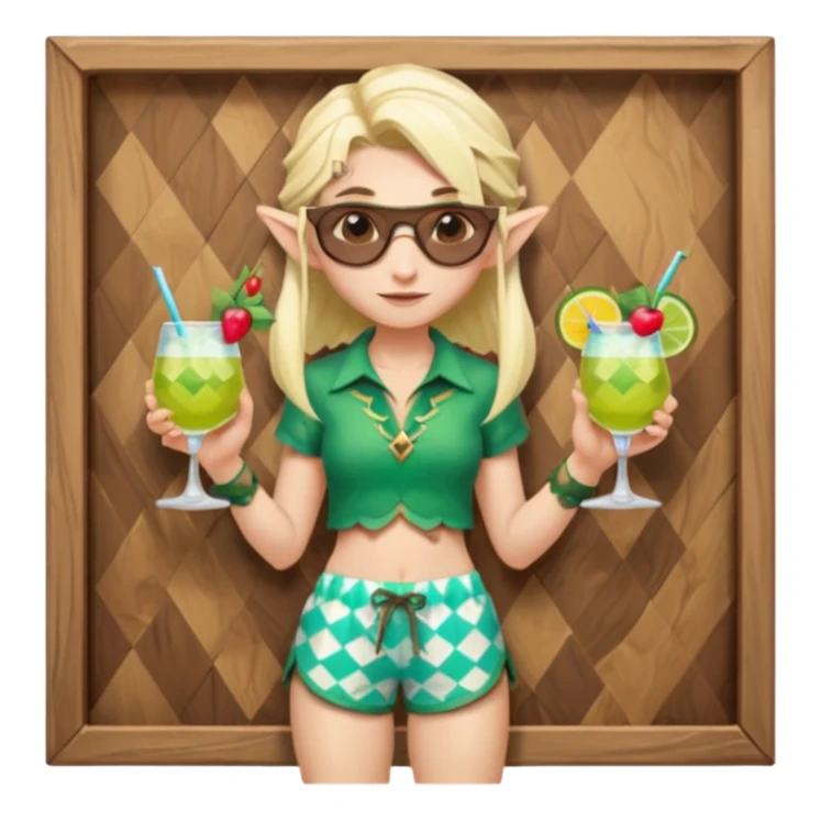 elf female legolas portrait, patterned board shorts (geometric/abstract), unique wooden-framed sunglasses, undercut hairstyle, slight smirk, visible pointy ears, no background, centered emoji, hipster summer vibe coctails  sticker