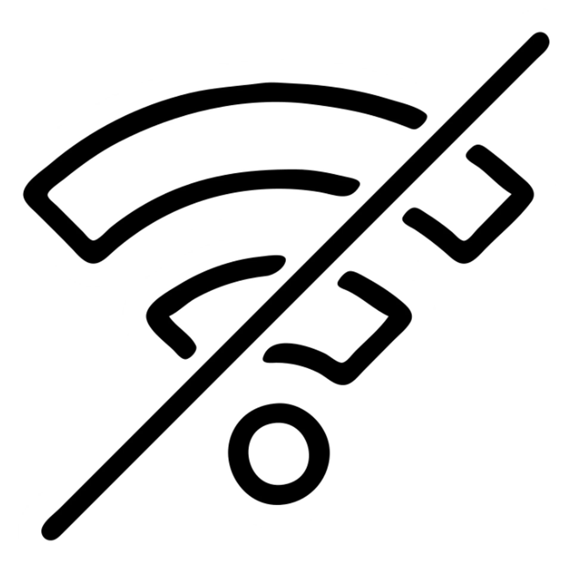 solid black outline icon of a Wi-Fi symbol with a red slash, incomplete bars, minimalist, white background sticker