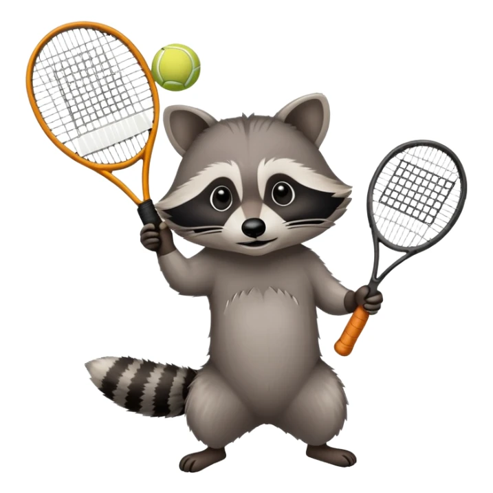 raccoon seen from below holding a tennis racket above sticker