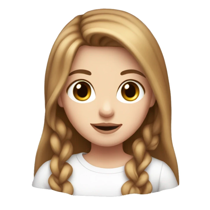 White girl with brown long hair and white top with long sleeve, looks friendly, pink lips  sticker