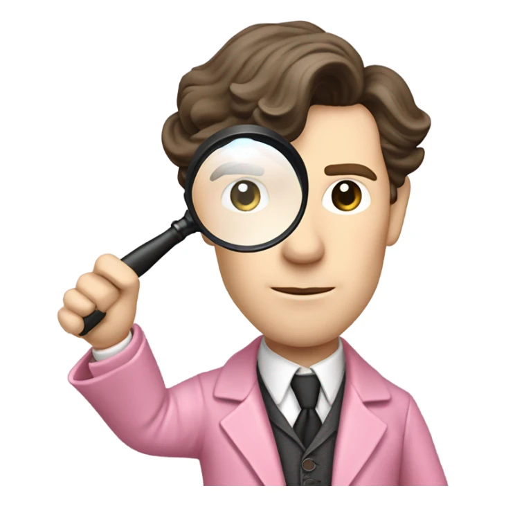 Benedict Cumberbatch-like Sherlock Holmes all in all intensive pink suit holding magnifying glass, upper body sticker