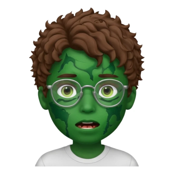 crie a imagem de um garoto com estilo memoji de iOS de pele esverdeada com machucados abertos na boca , cabelos cacheados castanhos e oculos. sticker