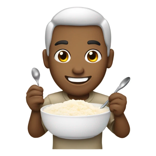 Man with smile eating rice pudding with spoon bowl white rice sticker