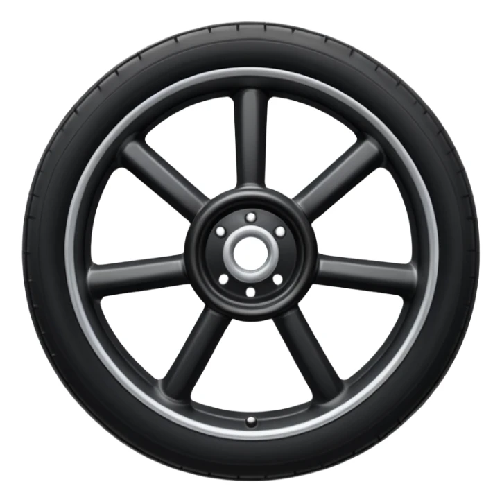 Front-view wheel, perfectly symmetrical, 6-8 short thick spokes, very wide heavy outer rubber rim, simple clean design, centered. sticker