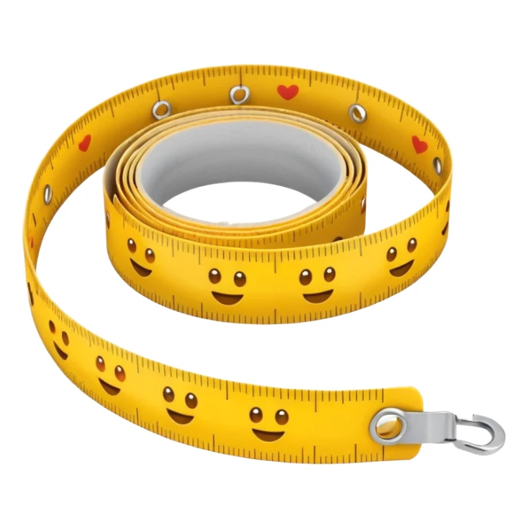 Cute emoji-style measuring tape roll, yellow color with orange highlights, soft edges, small eyes and smile for fun cartoon effect, simple emoji icon style. sticker