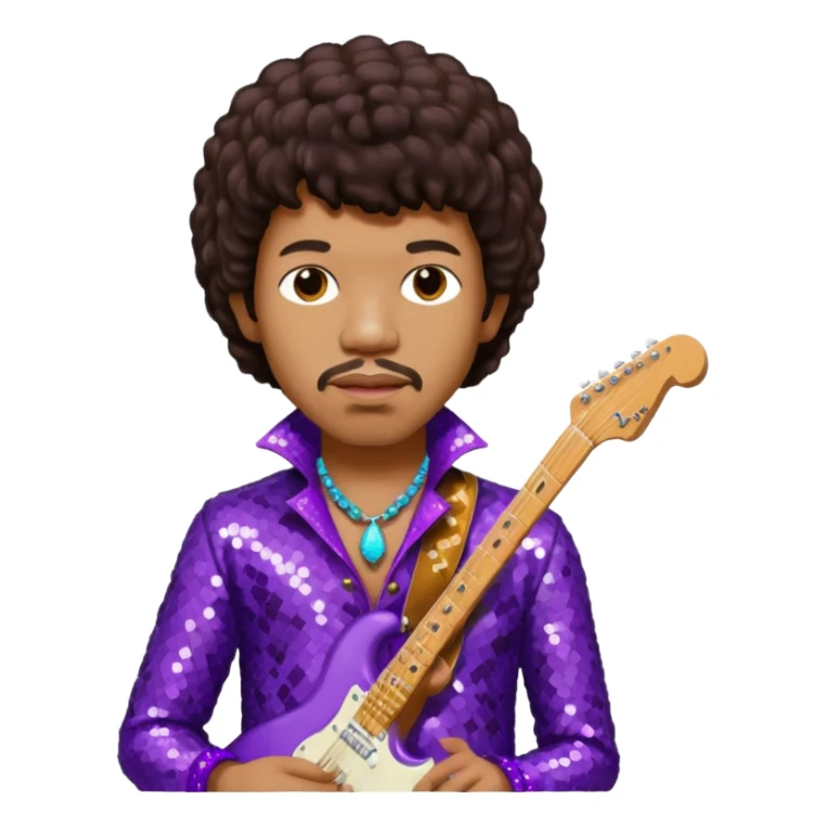 Jimi Hendrix with dark brown hair, purple sequin outfit sticker