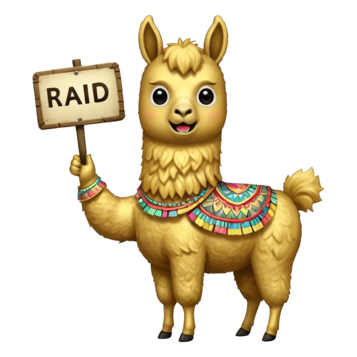 A small golden llama silhouette holding a sign in its teeth that says RAID sticker