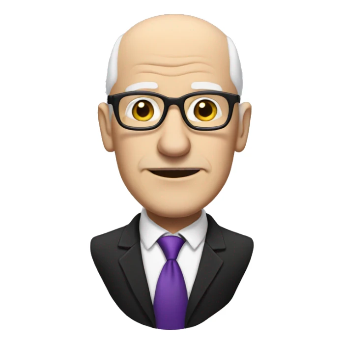 white, bald old man wearing a black suit with a purple tie and glasses, with no mustache sticker