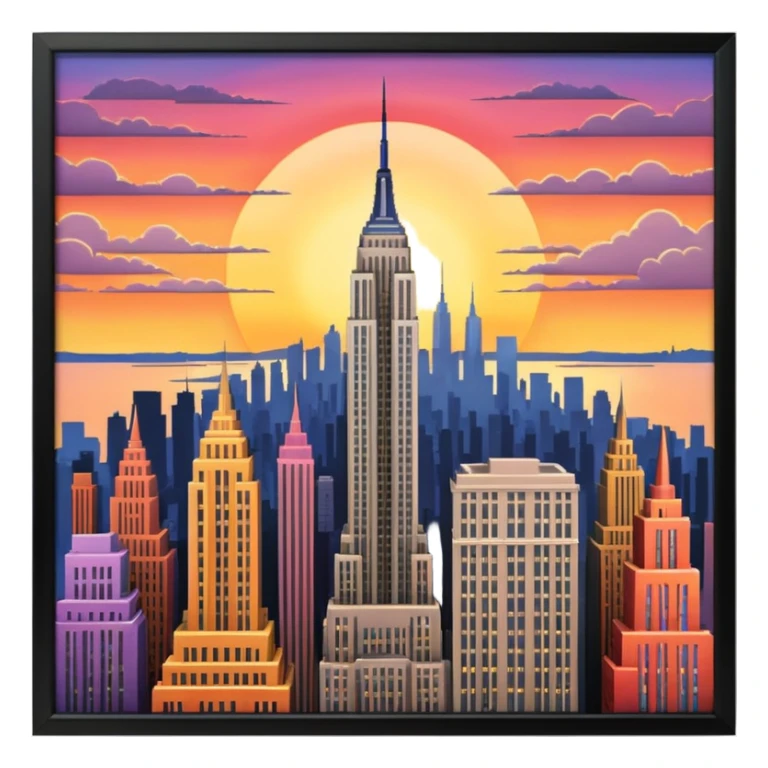 New York Empire State with buildings and a sunset sticker