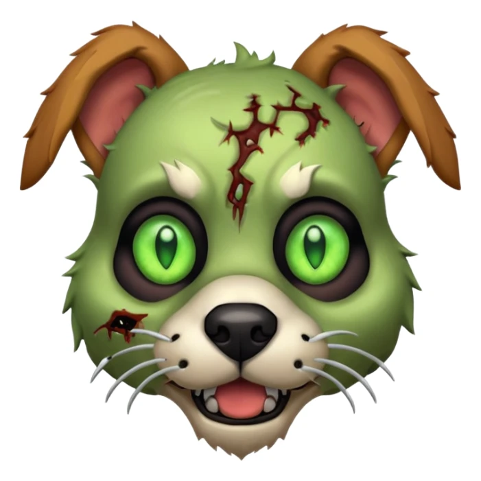 zombie dog portrait, head and shoulders only, torn fur, glowing green eyes, stitched face details, spooky but cute, 3D cartoon, mobile game icon style, clean background, no text, no watermark
 sticker