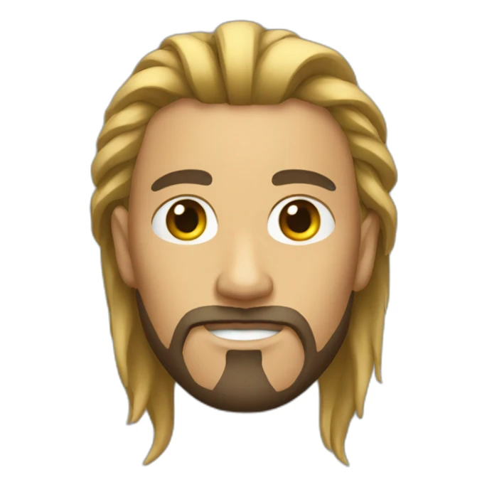 Men with long, tied hair and a goatee sticker