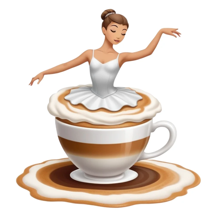 Ballerina dancer emerging from cappuccino foam, graceful pose, coffee cup sticker