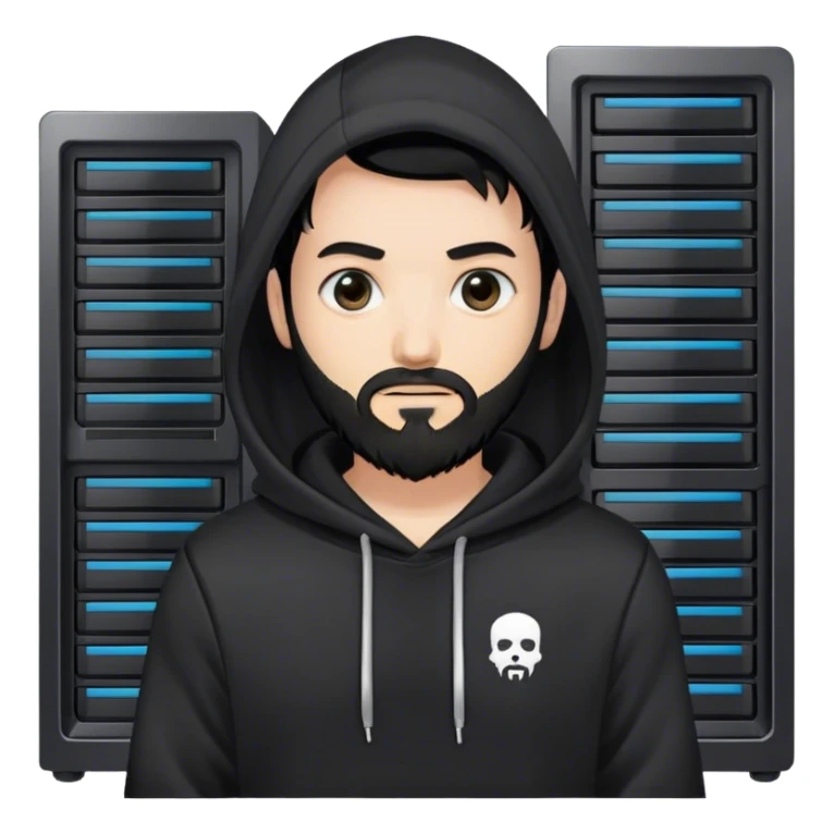 hackeur blanc cheveux noir barbe et capuche noir à côté d'un server ia sticker