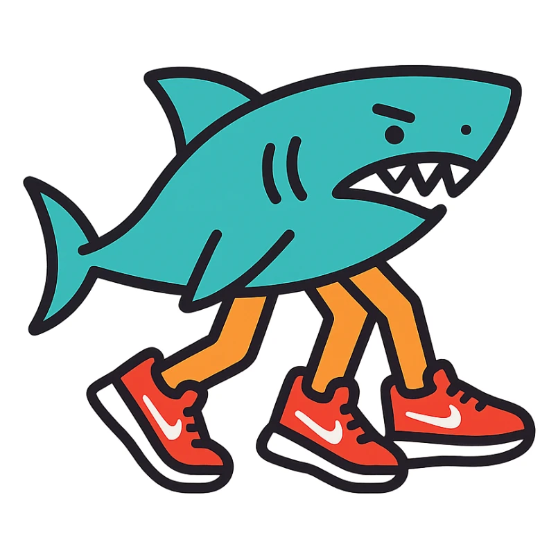 shark with three legs wearing Nike sneakers with white logo, linear icon style, transparent background sticker