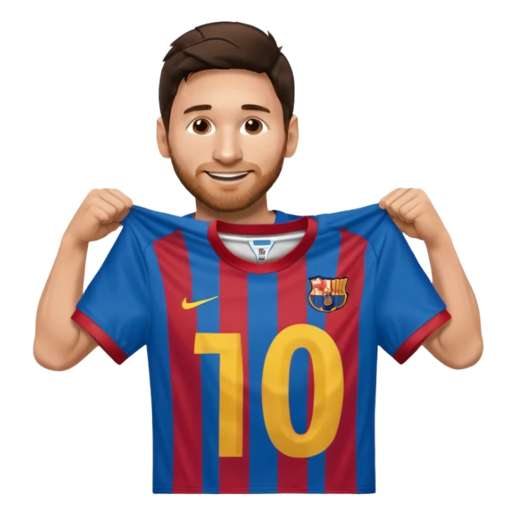 Lionel Messi holding up his own shirt sticker