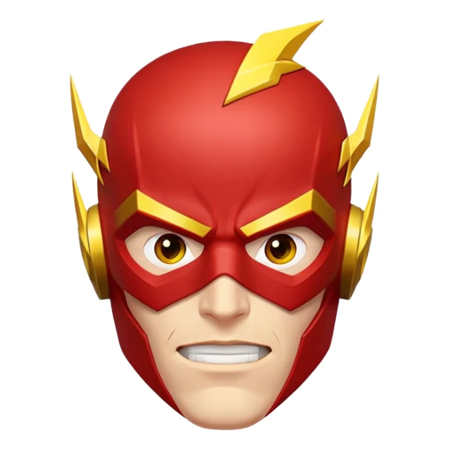 face of The Flash superhero with bold expression, red mask, and yellow lightning sticker