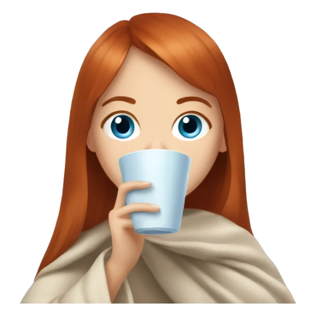 Redhead girl with straight bangs and blue eyes drink tea under blanket sticker