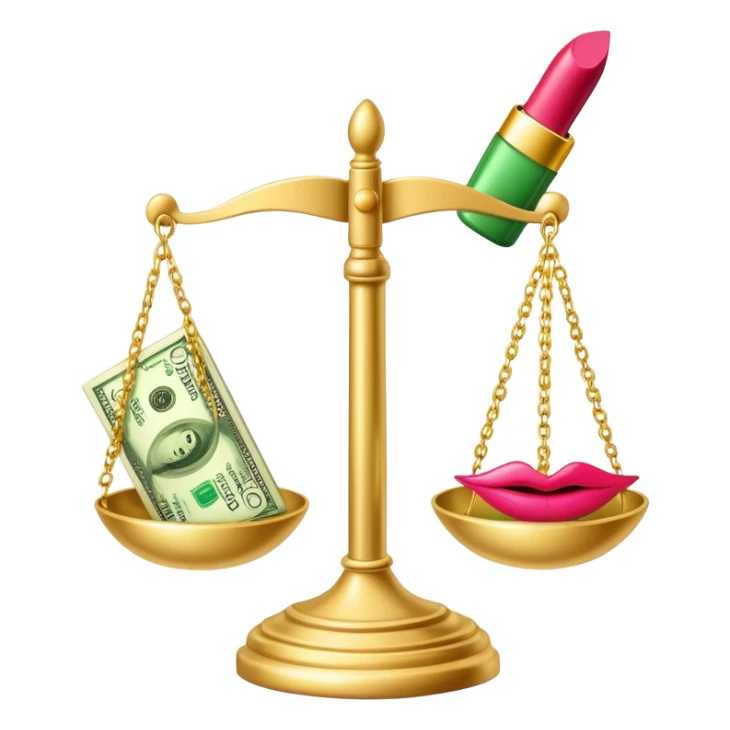 gold scale with green dollar bills on left side and lipstick and nail polish on right side sticker
