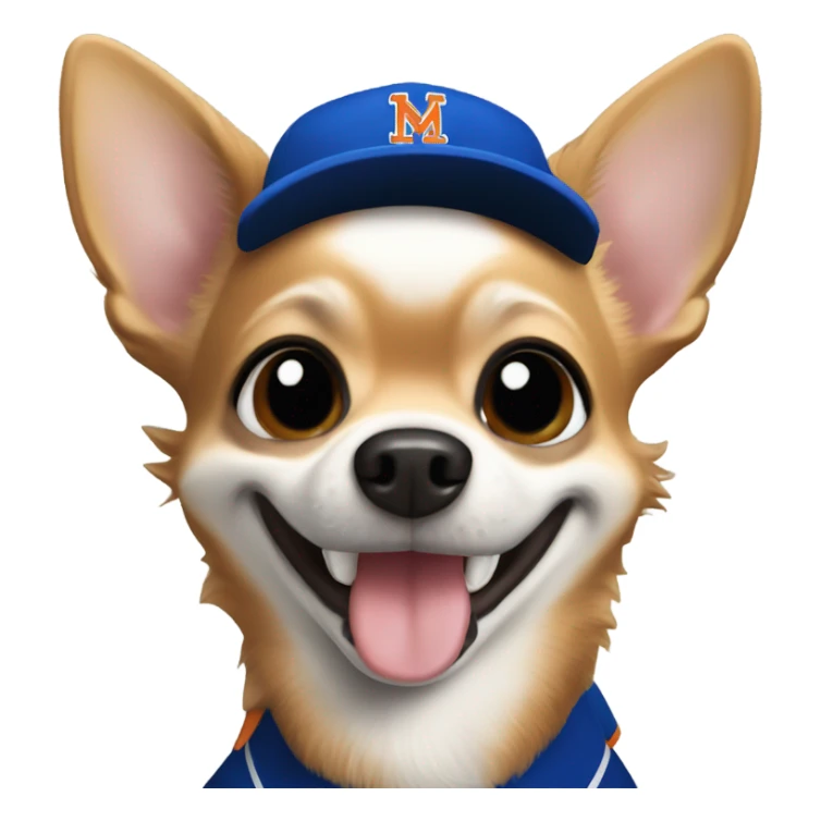 Chihuahua with a huge smile with a Black Mets uniform  sticker