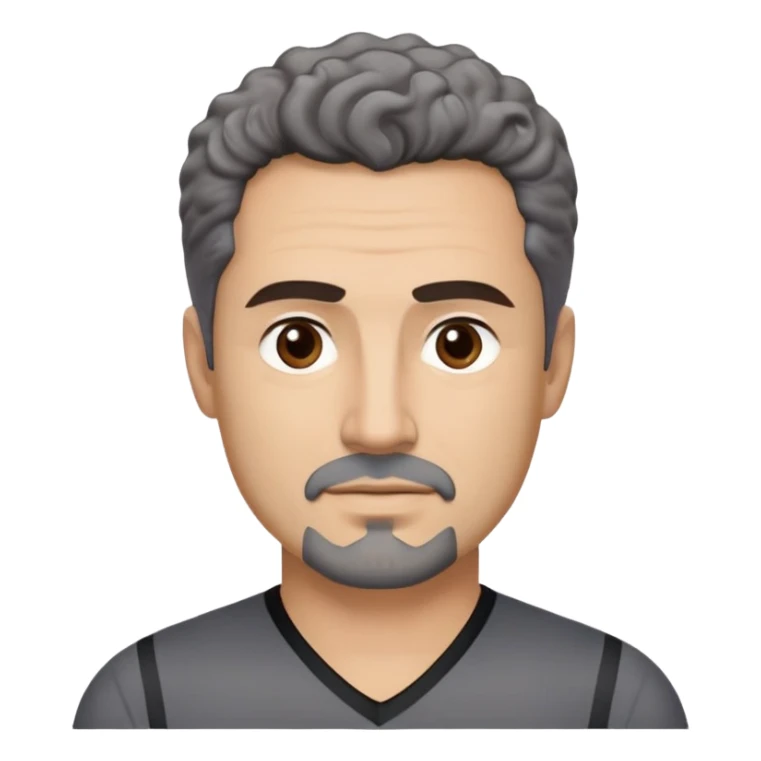 Man in his early 50s with tan complexion. Strong square jawline. Dark brown eyes with focused expression. Thick eyebrows. Black goatee with subtle gray hairs. Short curly dark hair with slight receding hairline. Slight confident smile. Wearing a black V-neck shirt with gray stripes. sticker