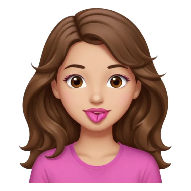 girl with long wavy brown hair, brown eyes, light to medium complexion, in a pink shirt, pink lips, long lashes, puckering up for a kiss, kiss lips sticker