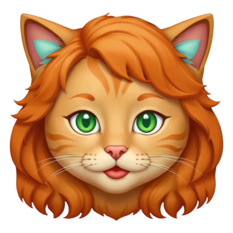 Light-brown wavy hairs, green-blue eyes, light olive skin, red plump lips, orange cat sticker