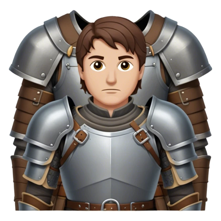 medieval battle armor worn by a DnD themed fantasy character. basic heavy plate cuirass over a padded gambeson with a high steel collar. armor only above the waist. The armor full waist. The character's haven't arms. character is brown hair brown eyes short straight hair white man. sticker