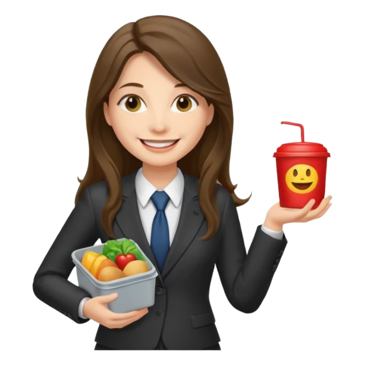long haired woman with suit holding food container sticker