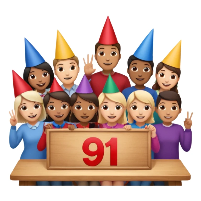 group of people behind a table, one holding a sign with the number 9 sticker