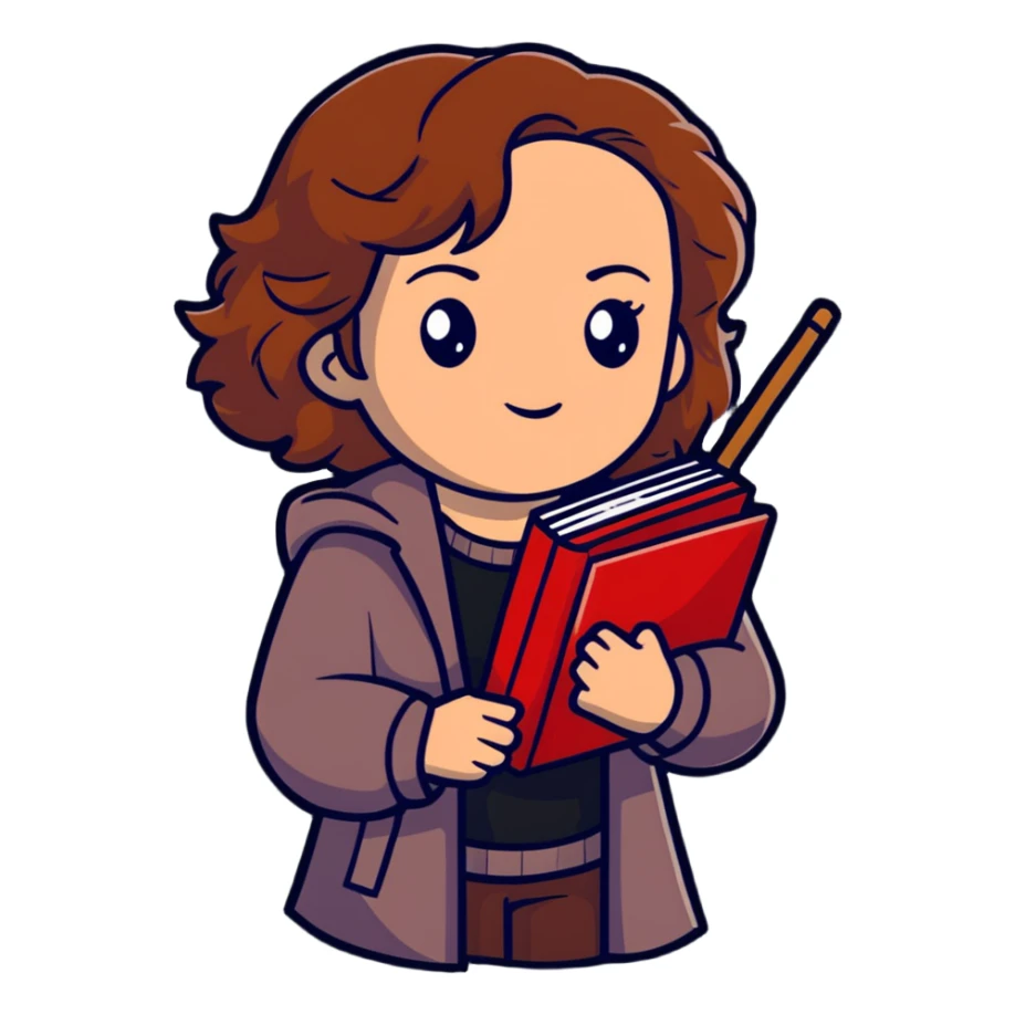 Hermione Granger with stack of books and wand sticker