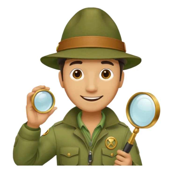 man in beige moss green explorer outfit, hat, holding magnifying glass, smile sticker
