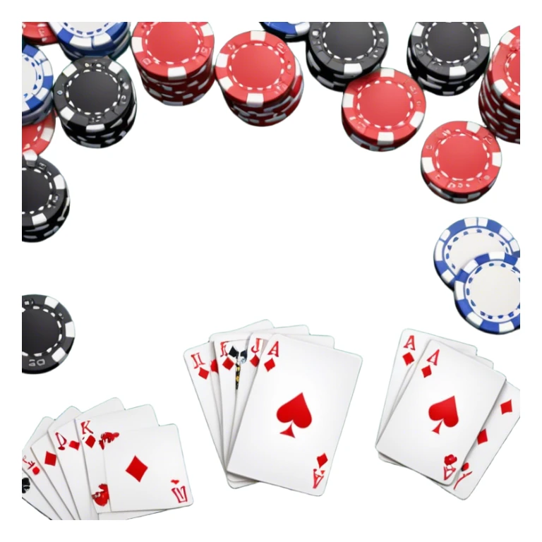 A photorealistic icon featuring playing cards, poker chips, and a deck of cards spread out on a table. Bright, detailed design with realistic textures and lighting. Transparent background, clearly symbolizing card games and strategy. sticker