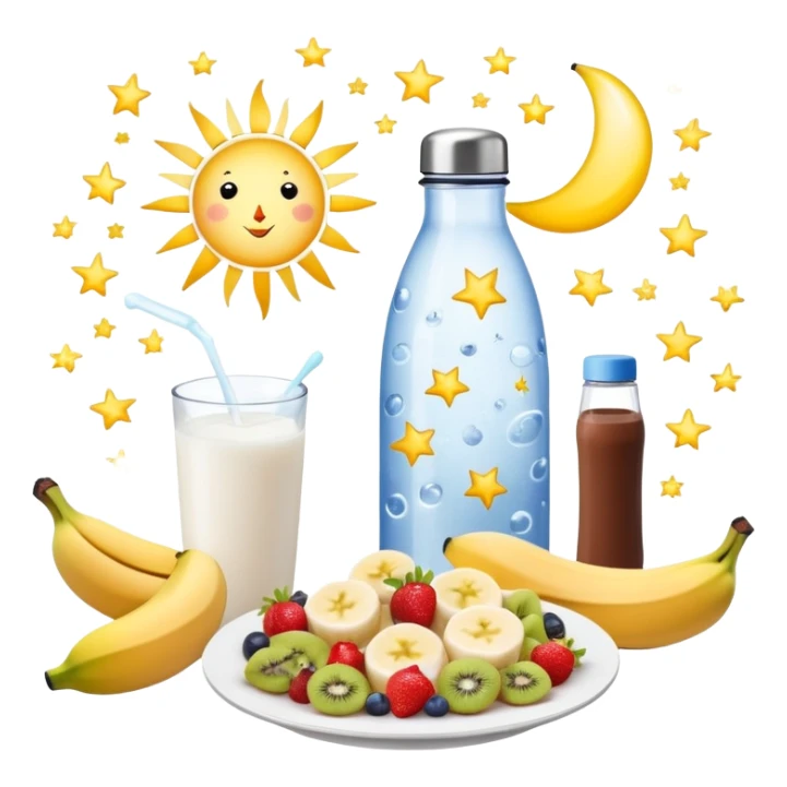 Mystical daily routine constellation: water bottle, sun, chicken plate, banana, gym weight, yogurt, fruits and chocolate, and moon symbols arranged like stars in a constellation pattern with glowing lines connecting them in sequence sticker