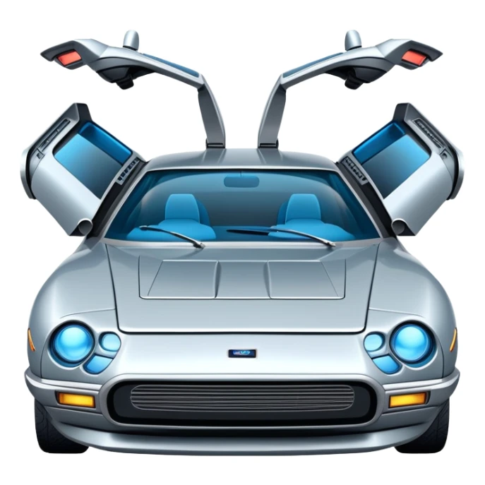 Retro-futuristic hover car inspired by the DeLorean, gullwing doors, silver metallic body with blue-tinted windows, stylized jet boosters in the back, flat vector style, outlined shapes, minimal design sticker