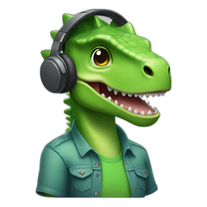 A dinosaur with green shirt and with headphone  sticker