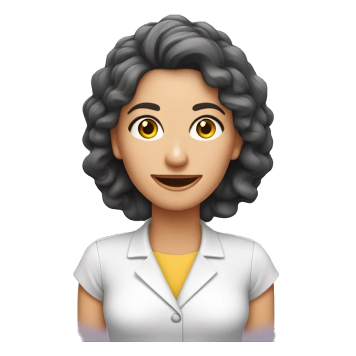 Mulher branca, Nutricionista com jaleco cor de rosa, cabelos longos e ondulados, boca pequena, olhos e cabelos castanhos.  sticker