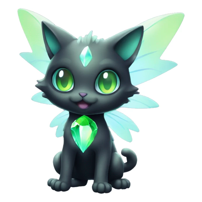 Shiny, Sparkly, Black Dark-type-Fairy-Type-Psychic-Ice-type-Fakémon-Cat Purple eyes, green gem, full body sticker
