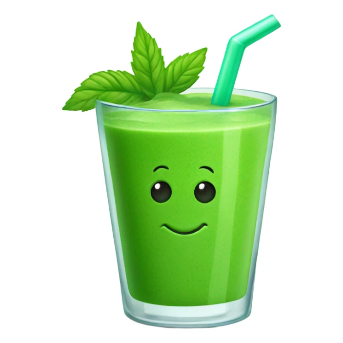Generate a bright green smoothie emoji in a glass cup with a straw, decorated with a mint leaf and a smile. sticker