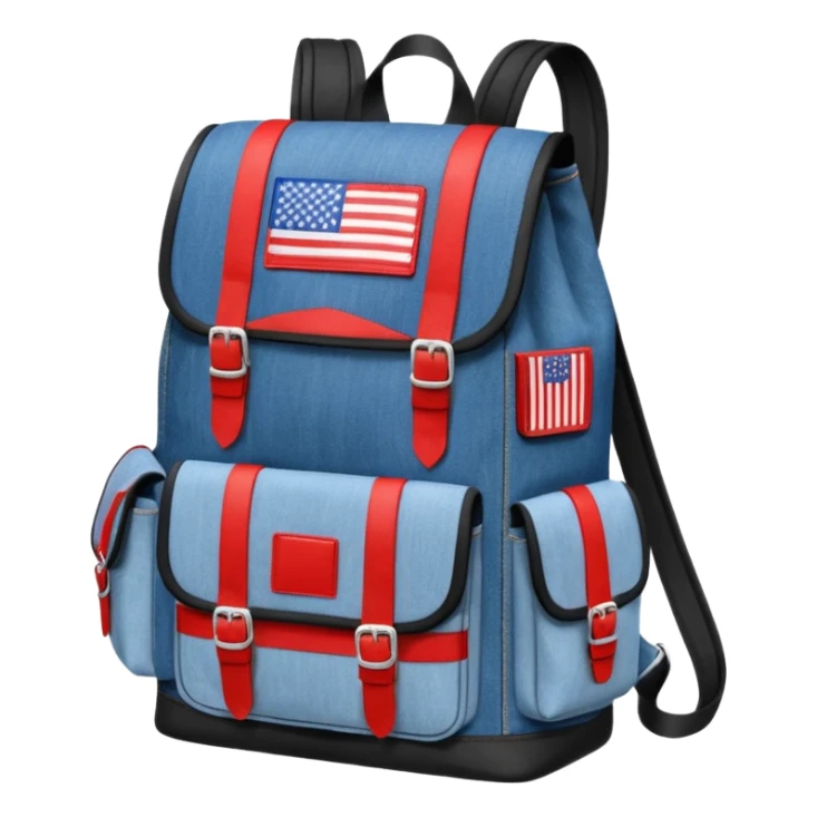 a blue denim backpack with a flap top, two vertical black buckle straps on the front. The backpack has two side pockets and a soft square shape. at front view bottom pocket, red and with two divided logo like simple american flag

 sticker