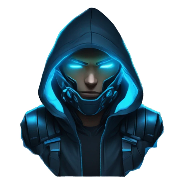 Hacker behind his laptop with this style : crysis Cyberpunk Valorant neon glowing bright blue character blue black hooded assassin themed character sticker