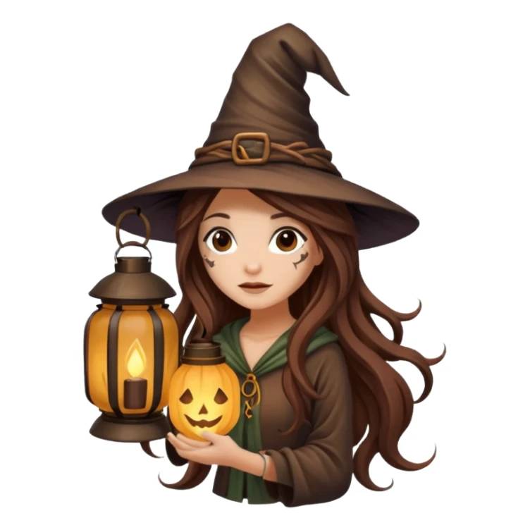 cute forest witch woman long wavy brown hair tattoos hiding inside lantern sticker