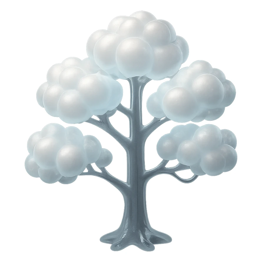 one tree with many branches, trunk made of small very bright white fluffy convex clouds, matte glass style sticker