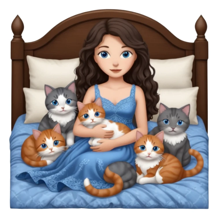 detailed realistic looking a dark grey and white cat regally laying with six other cats, cuddling with their owner in bed who is a pretty bratz lightly tanned white girl with long dark brown hair, blue eyes and gorgeous long wavy hair wearing a pretty detailed dress sticker
