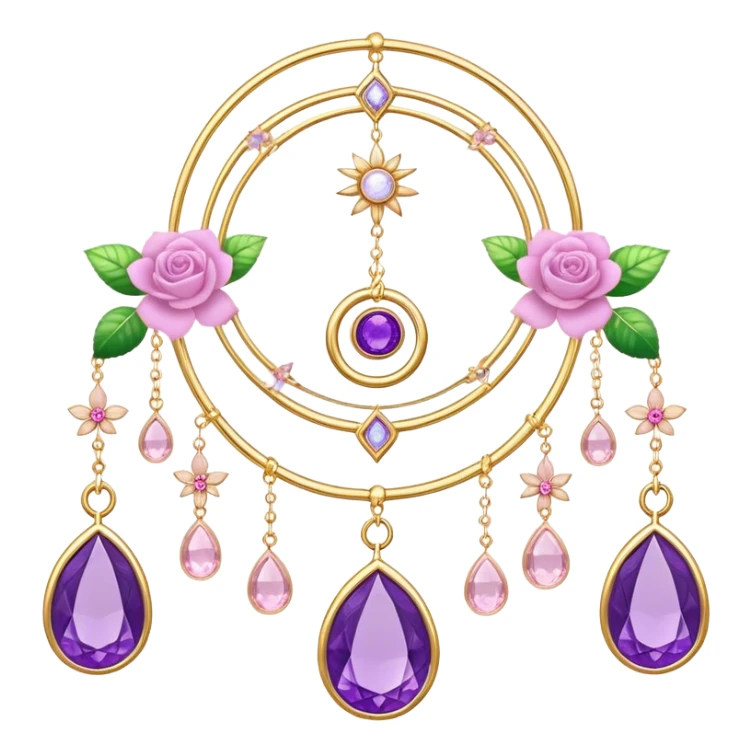 Epic beautiful gorgeous cute gold suncatcher, threads with shiny sparkly amethyst and rose-quartz gemstones, flowers, crescents-moons sticker