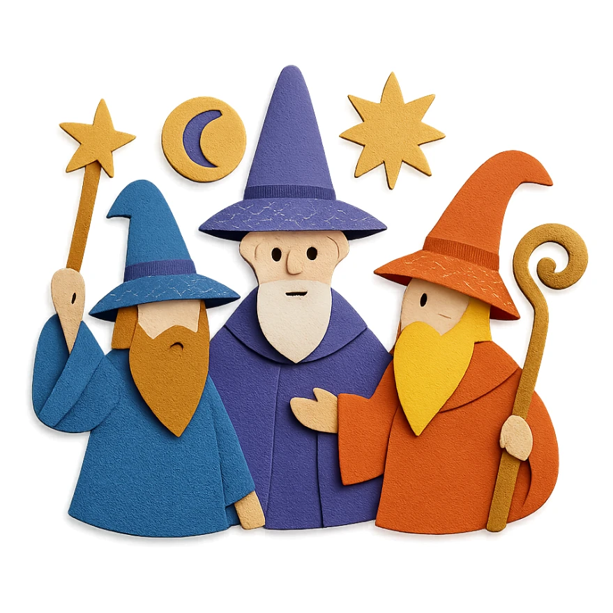 fantasy conclave with wizards and magical symbols in paper craft style sticker